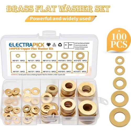 100pcs M5 M6 M8 M10 M12 Solid Brass Copper Flat Washer Plain Gasket Pad Boxed Brass Copper Gasket Kit