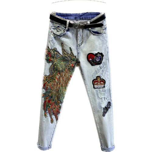 2021 Autumn Fashion Phoenix Embroidery Denim Pants Slim Women Sequined Trousers Female Slim Fit Pencil Jeans Pants Plus Size