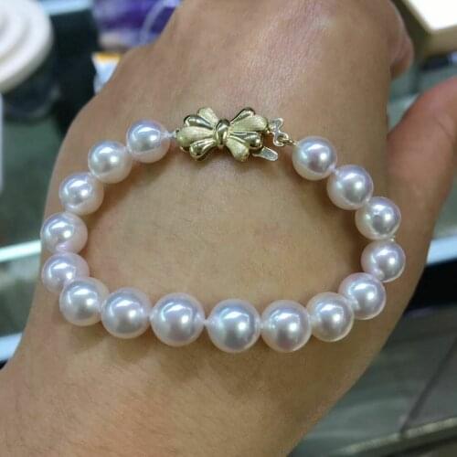 9-10mm south sea white pearl bracelet 7.5-8"14k