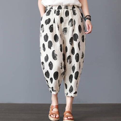 2021 Summer Fashion Cotton Linen Harem Pants Women Graffi Printed Casual High Waist Calf-Length Loose Trousers Cropped Trousers