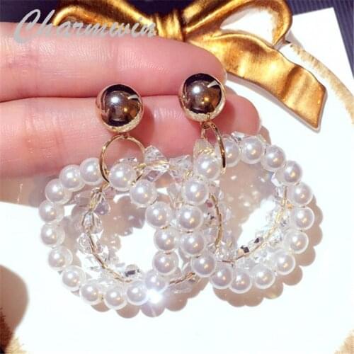 Charmwin new fashion dangle earrings long earrings for women exaggerated big circle simulated pearl crystal earrings women