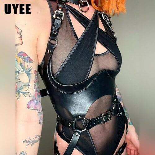UYEE Black Harness Women Full Body Bondage Cage Suspenders Club Lingerie Suit Bra Thigh Straps Sexy Sculpting PU Leather Garter