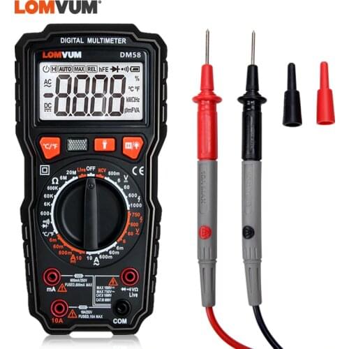 LOMVUM DM58 Ture RMS Auto Digital Multimeter AC/DC Capacitance Temperature Tester LCD 6000 Counts Manual Range LIVE Wire