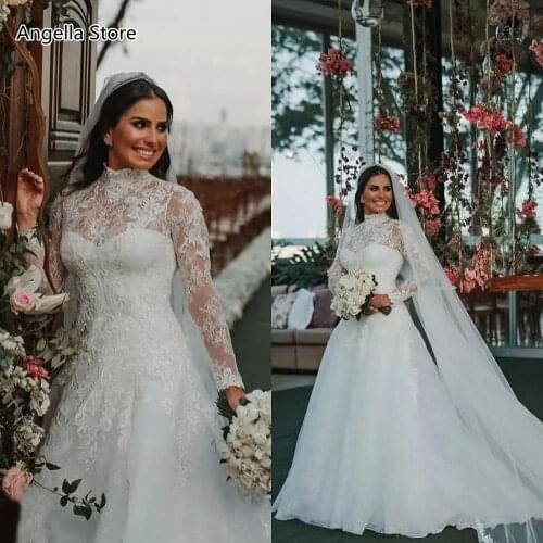Elegant Muslim A-Line Wedding Dresses Ivory Lace High Neck Long Sleeve Bridal Gowns Sweep Train Spring Summer Vestidos 2021