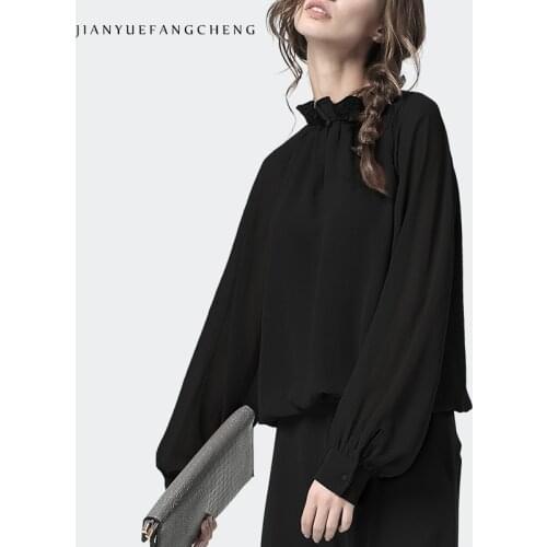 Elegant Black Chiffon Top Women Blouses Stand Ruffled Collar With Key Hole Long Sleeve Loose Plus Size Spring Summer Pullovers