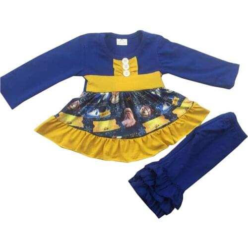 Hot selling long sleeve print Stitching skirt blue double ruffle baby girl outfit