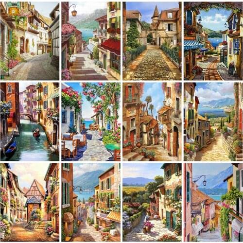 HUACAN 5d Diamond Painting Full Drill Square Landscape Street Diamond Embroidery House Rhinestones Mosaic Wall Art