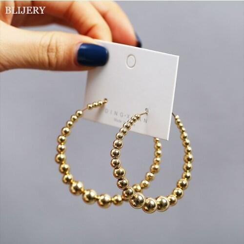 BLIJERY Vintage Gold Color MetalBeaded Hoop Earrings for Women Big Circle Statement Earrings Fashion Punk Nightclub Jewelry Gift
