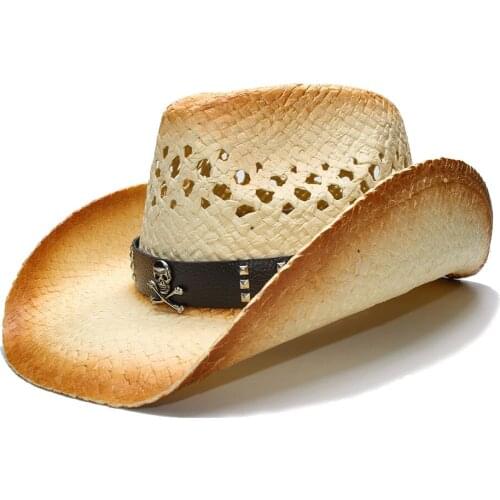 Fashion Women Men Western Cowboy Hat With Punk Pirate Band Straw Lady Dad Beach Sun Sombrero Cap Mesh Cowgirl Jazz Hat Size 58CM