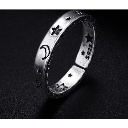 Trendy Vintage Moon Star Antique Silver Plated Punk Hiphop Rock Style Resizable Rings for Women Girl & Man Retro Party Jewelry