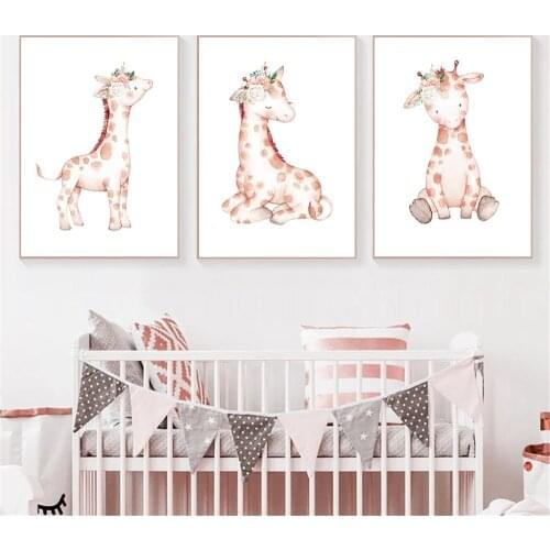 Cartoon Animal Nordic Poster Pink Flower Giraffe Wall Art Canvas Painting Nursery Print Wall Pictures Baby Kids Room Decoration