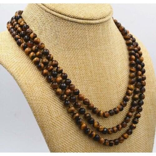 Natural 3 rows 6mm yellow Tigers Eye Gemstone Round Beads Necklace 17-19" AAA
