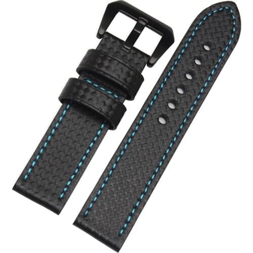 2016 Hot sale Carbon fiber strap 20mm 22mm 24mm 26mm genuine leather watch strap waterproof handmade strap with colorful line