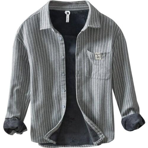 Long Sleeve Denim Shirts for Men Cotton Casual Thicken Keep Warm Blouse Male Autumn New Striped Cowboy Tops Man Vintage Clothing