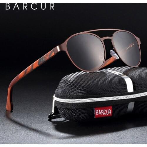 BARCUR Fashion Round Design Laminated Ebony Wood Temple Women Sunglasses Metal Frame Polarized Lens Man Sun Glasses UV400