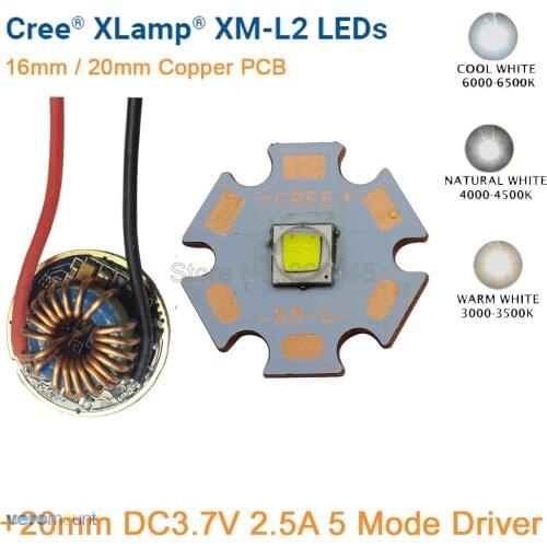 Cree XM-L2 T6 10W Cool White Neutral White Warm White LED Emitter Full Copper PCB+20mm DC3.7V 2.8A 5 Modes Dimmable Driver