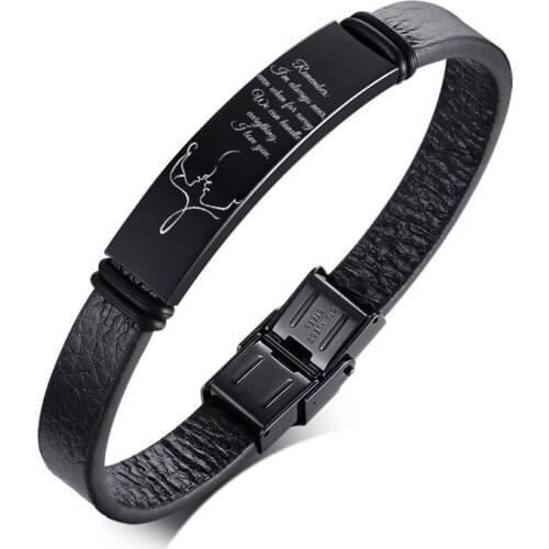 Vnox Mens Black Leather Bracelet Free Custom Engrave Messages with Stainless Steel ID Tag Jewelry