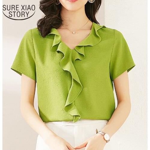 Solid Color Ruffled Chiffon Shirt Women Short Sleeve All-match Slim-Fit Fashion Style Summer Tops and Blouse Blusas Mujer 10055