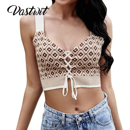 Women Vintage Plaid Knit Camisoles Brown Spaghetti Straps Sleeveless V Neck Lace-up Front Trim Tank Tops Vest