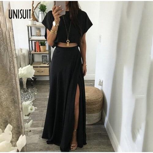 Women Set With Maxi Skirt Black Split Ladies Suit Crop Tshirt Short Sleeve And High Waist Skirts Summer Loose Casual Fashion New