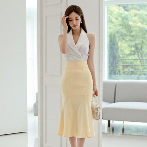 New arrival fashion korean sexy set for women summer elegant OL temperament trend mermaid skirt and top white slim two piece set
