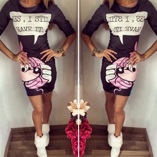 2018 Half Sleeve Mickey Summer Dress Letter Print Sheath Sexy Dress Casual Women Dress Tunic Robe