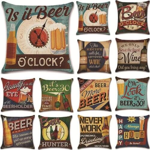 2pcs/set Flax Bar Beer Pattern Square Pillowcase Sofa Throw Cushion Cover Decorated Pillow Case Home Textile
