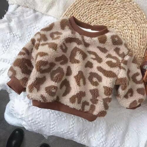 Childrens Clothing Winter New Baby Girls Boys Lambswool Hoodies Korean Leopard Thicken Kids Warm Pullovers Toddlers Sweatshirts
