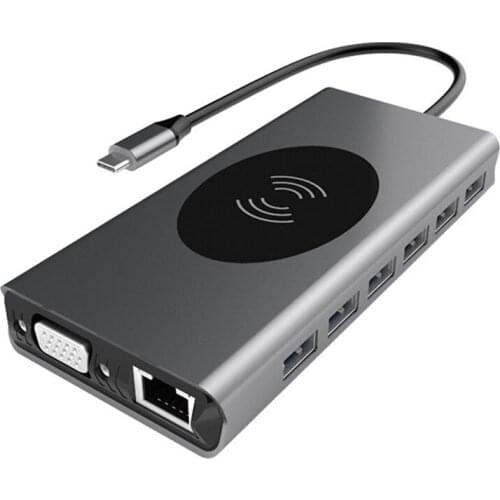 15-In-1 Docking Station Type-C To VGA+USB3.0X4+USB2.0X3+SD+TF+ Compatible HDMI+Rj45+Pd+AUX+10W Wireless Charging HUB
