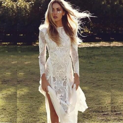 Eightale Ivory BOHO Lace Wedding Dresses O-Neck Long Sleeves Wedding Gown Elegant Beach Bridal Dress Vestido de novia 2021