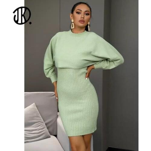 Elegant Ladies Knitting Full Sleeves Pullover And Buttock Skirt Two Piece Suit Autumn Slim Cropped Outfits For Women Dress Sets