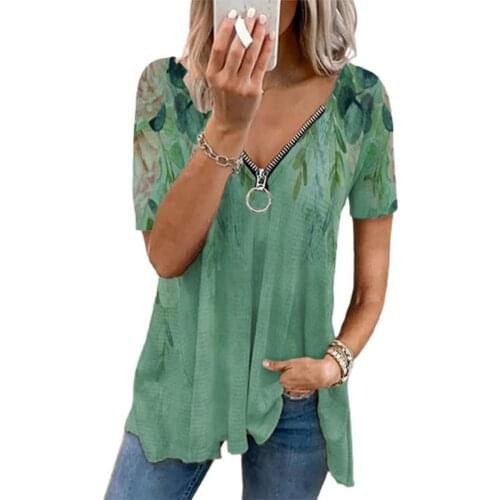 Women Zipper Print T Shirt Summer Loose V-Neck Short Sleeve Casual Tee Top Graphic T Shirts Fashion Streetwear Female Clothing