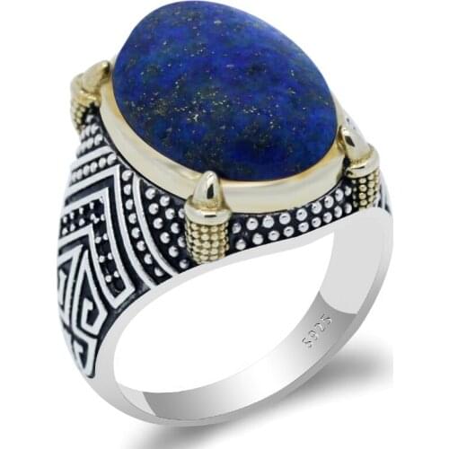 Real Pure 925 Sterling Silver Rings For Male Natural Lapis Stone&CZ Stone Punk Style Exquisite Wedding Rings Fine Jewelry
