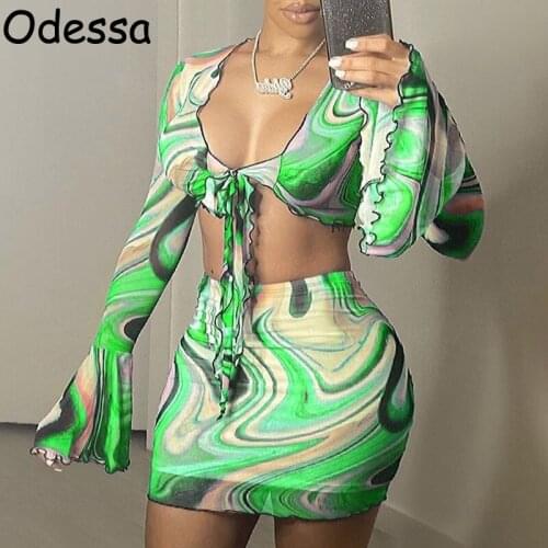 Odessa Sexy Beach Dress Set Fashion Tie Dye Print Flare Sleeve Mesh Crop Top Women Party Skirts Suit Festival Clothing Two Piece