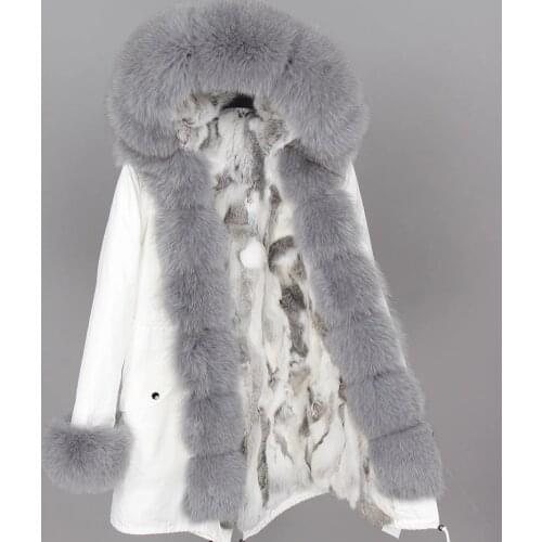 2021 Natural fur white cotton jacket winter female fur jacket park real rabbit fur liner parka