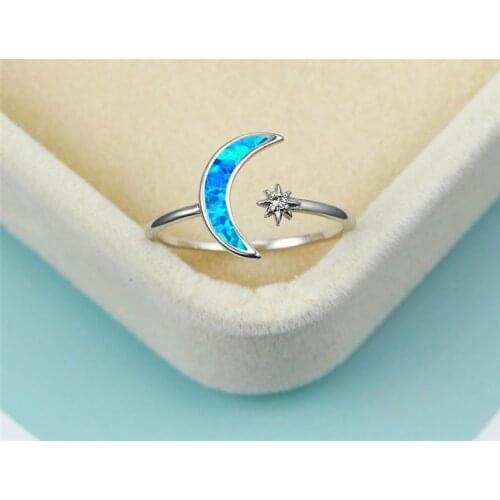 White Blue Opal Small Crystal Engagement Ring Dainty Female Star Moon Opening Ring Vintage Silver Color Wedding Rings For Women