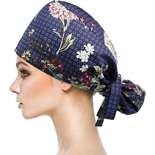 Fashion Unisex Floral Printed Scrub Cap With Buttons Hair Salon Bouffant Hat With Sweatband For Women Men Cotton Nurse Hat FL50