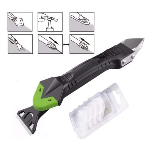 Caulking Tool Kit, 3 In 1 Caulking Tools Silicone Sealant Finishing Tool Grout Scraper, Reuse and Replace 4 Silicone Pads,Great