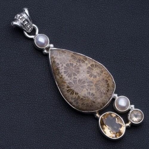 Natural Fossil Coral,Citrine and River Pearl 925 Sterling Silver Pendant 2 1/2" P0598