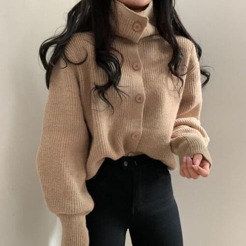 New 2021 Womens Sweaters Winter Spring Turtleneck Fashionable Buttons Oversize Short Cardigans Knitwear