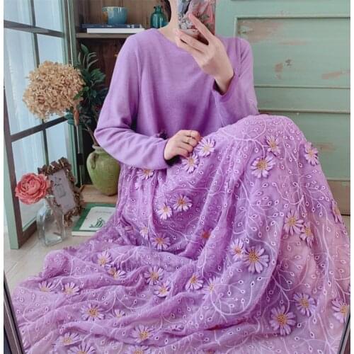 Spring New European Style Lace Embroidered Knitted Sweater Stitching Even Long Loose Large Size Womens Dress