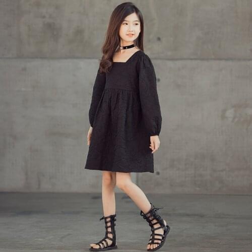 2021 Autumn Kids Dresses for Girls Fashion Black Embossing Princess Dress Teenage Girl Clothes 6 To 16 Years Children Dress