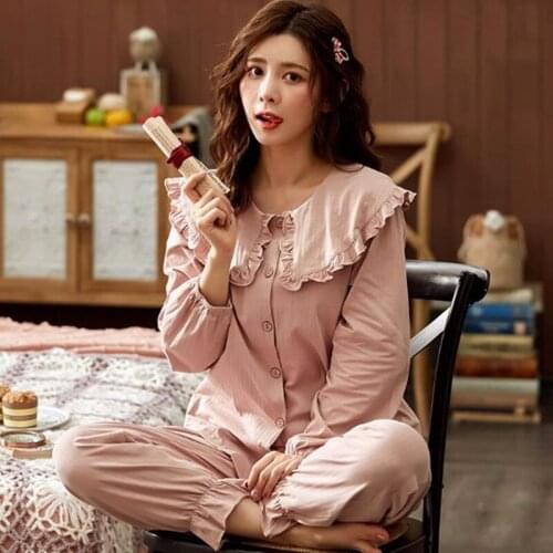 High quality pajamas women new long sleeve top + trousers two piece set doll collar student sleepwear pijamas M-3XL10 colors