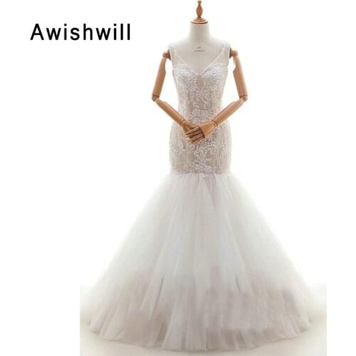 Real Pictures Sexy Open Back Mermaid Wedding Dresses Chapel Train Lace Tulle V-neck Bridal Dress Gown Vestido De Novias 2020