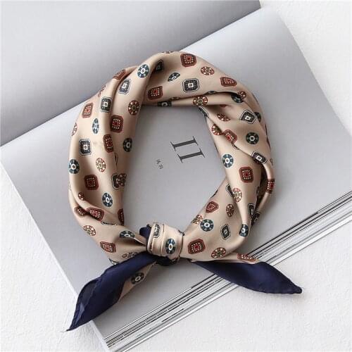 53-60CM Imitated Silk Small Square Scarfs For Women Retro Printed Ladies Neckerchief Satin Kerchief Crinkle Scarf Tie Bandana