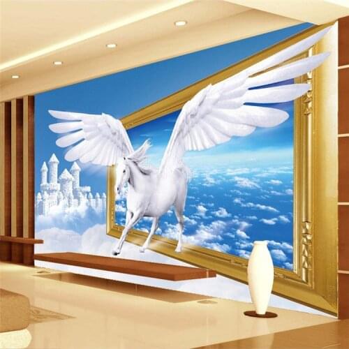 Custom Photo Wallpaper 3D Creative Art Blue Sky White Clouds White Horse Wall Mural Wallpaper Wall Papers Home Decor