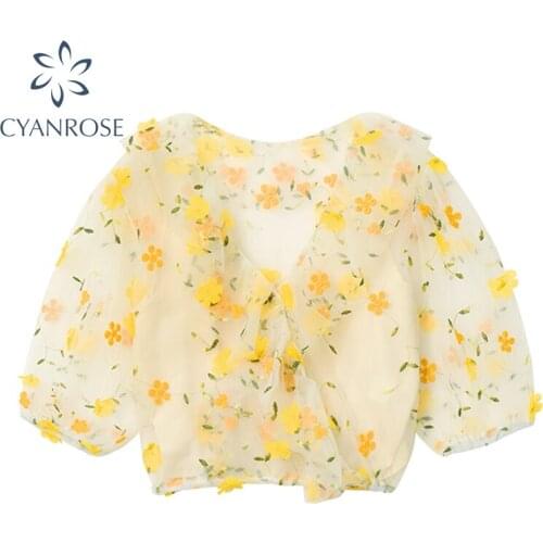 Floral Print Transparent Blouses Tops Retro Mori Girl Holiday Shirts Female Short Sleeve See Through Summer Beach Romantic Tops
