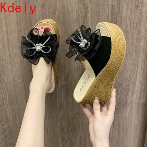Platform Wedge Slippers Sandals Women Bow Slippers Height Increase Slides Women Shoes Summer Open Toe Slides Zapatillas Mujer