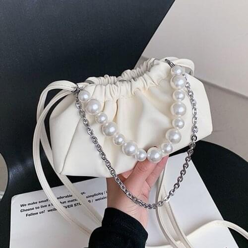 Pearl Design Fold Crossbody Bags For Women Drawstring Lock Mini Metal Chain Shoulder Messenger Bag Female Fashion Purses Totes