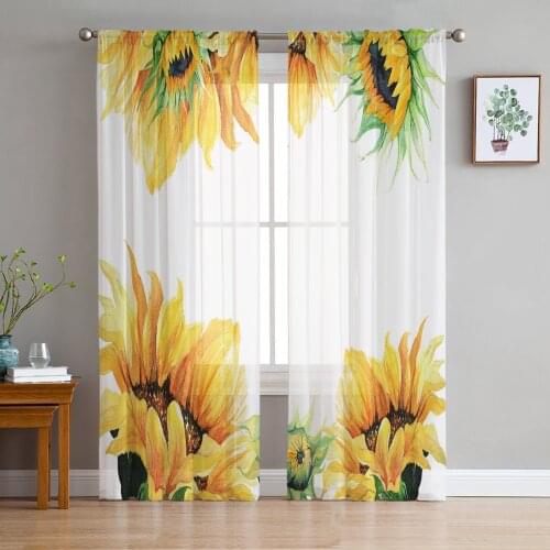 Sunflower Watercolor Painting Petals Tulle Curtains for Living Room Decoration Modern Chiffon Sheer Voile Kitchen Curtain